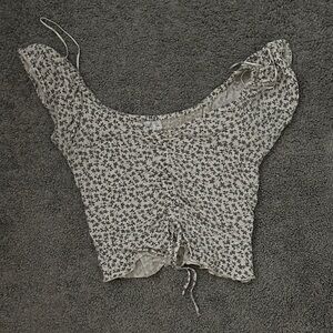 Floral Drawstring Scoop Neck Crop Top - Cream with Black Print